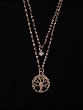 Layered 2-Strand Gold-Tone Tree of Life Necklace + Crystal Accent